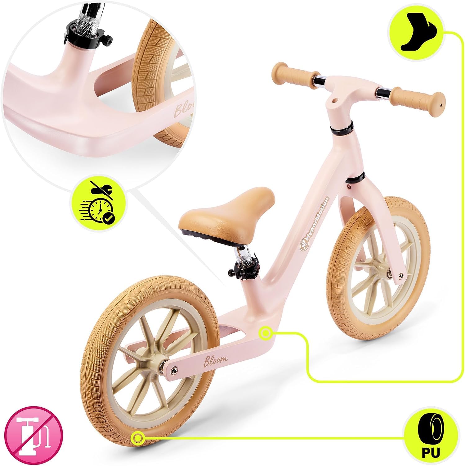 HyperMotion Bloom Rowerek Biegowy 12 Cali dla Dzieci – Lekki Rower Bez Pedałów z Ramą Magnezową, Regulowane Siodełko, Pudrowy Róż