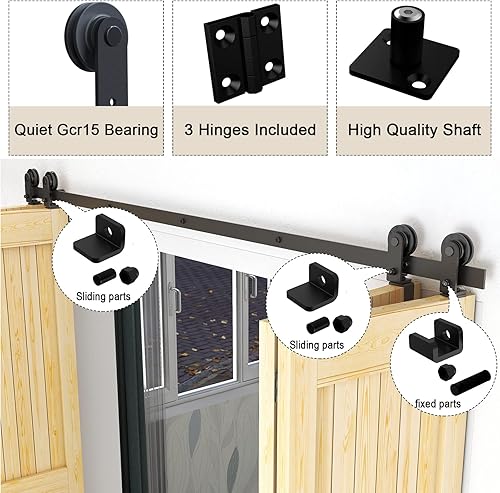 Miniatura 4 de Kit de herrajes para puerta de granero plegable de 48 pulgadas4 pies, kit de riel de rodillos resistente para 4 puertas montado en la parte