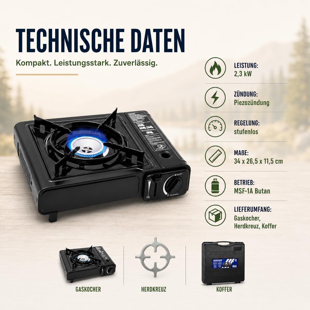 TruWare Camping Gaskocher für MSF-1A Kartuschen und Reduzierkreuz | 2,3 kW Leistung, CE geprüft, für Festival, Picknick oder Stromausfall