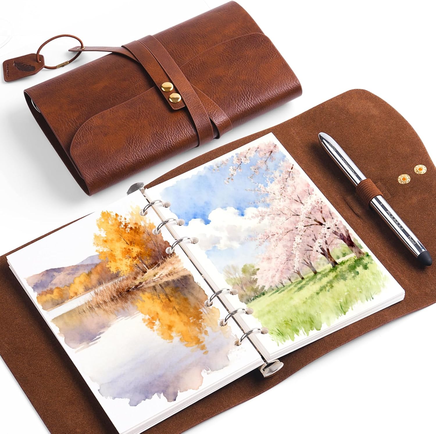 Fuumuui Portable Watercolor Sketchbook with Travel Brush - Small Watercolor Paper Pad, 100% Cotton Acid Free 300gsm Cold Press Paper, 20 Sheets 4.7"x7.5" for Artists, Adults, Travel Art Journal
