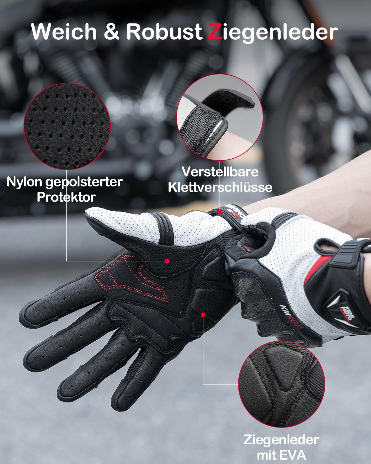 KEMIMOTO Guantes Moto Hombre, Piel de Cabra Dedos Completos con Almohadillas Antideslizantes, Pantalla Táctil y Protección para Motocross, Scooter