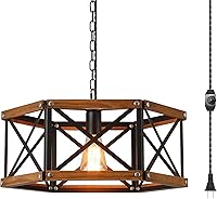 Vista 1 de Rustic Farmhouse Large Plug in Pendant Light Fixture with Adjustable Chain, Dimmable Switch, 17.8 inch Industrial Oak Wood and Metal Cage Hanging