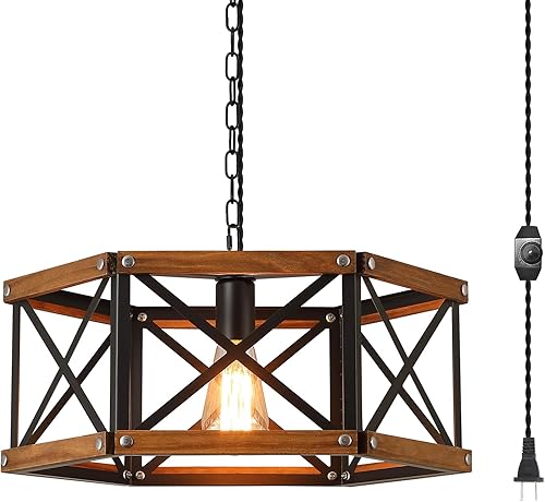 Miniatura 1 de Lámpara colgante rústica grande de granja con cadena ajustable, interruptor regulable, lámpara colgante de madera de roble industrial y jaula de