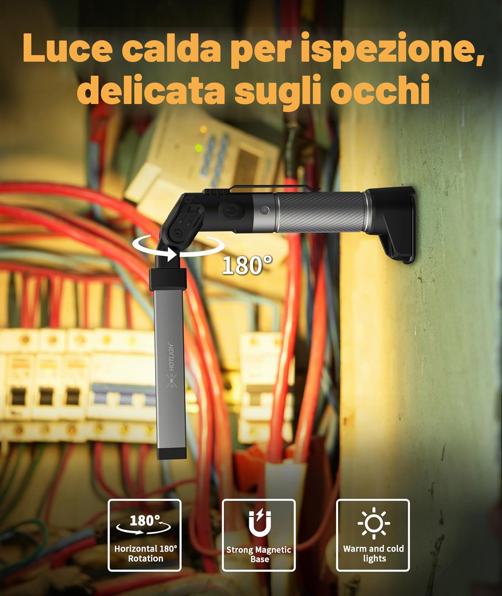 HOTLIGH lampada da lavoro - 800 lumen torcia led ricaricabile con design pieghevole multifunzionale, 2200 mAh lampada officina, 3 modalità di illuminazione luce led ricaricabile, 1 confezione