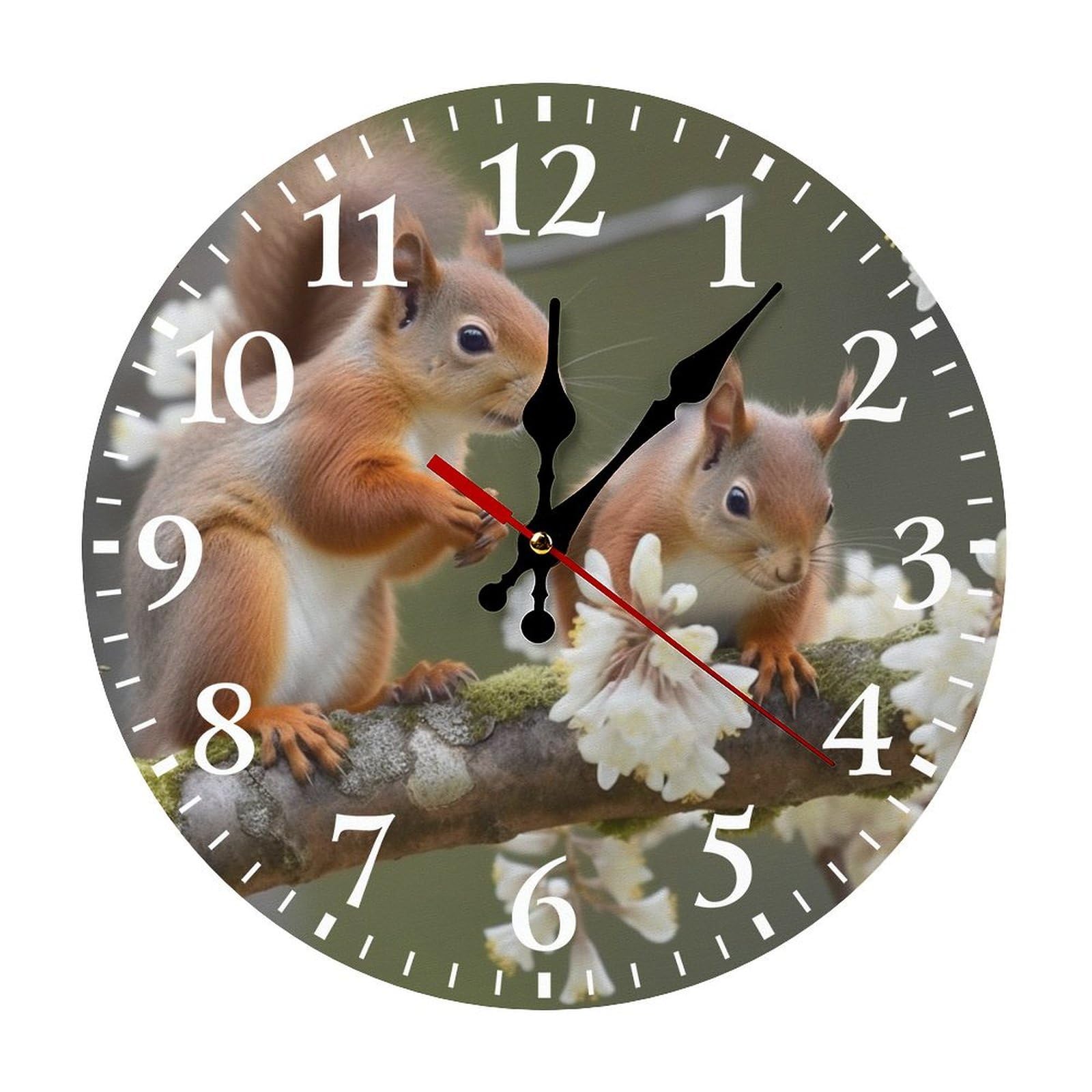 NTVOWPZO 10 Inch Wall Clock Squirrels Battery Operated Wall Clocks Silent Non-Ticking Round Wall Clock for Living Room Kitchen Home Office Wall Decorative Clock
