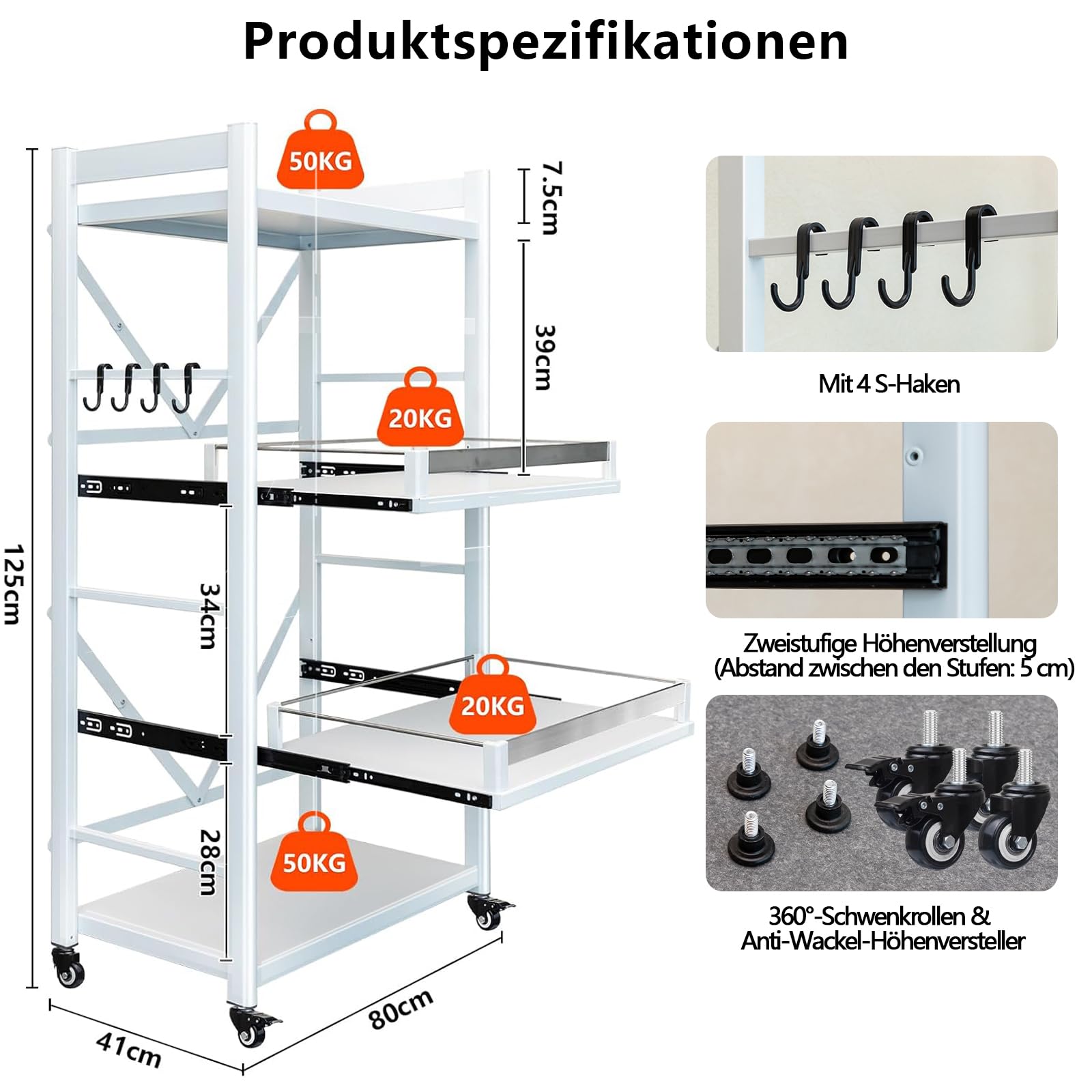 Étagère de cuisine à 4 niveaux en acier au carbone, capacité de 200 kg, étagère de rangement autonome avec plan de travail, organiseur sans perçage pour cuisine, salon, salle de bain, 80 cm de large
