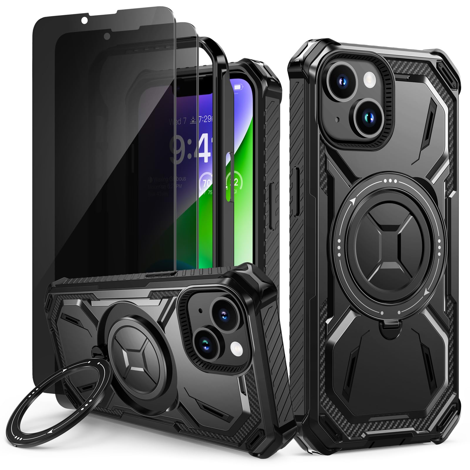 Lanhiem Anti-Spy Armor Case for iPhone 13/iPhone 14, Anti-Spy Black | 2 x Anti-Spy Tempered Glass, 360° Rotating Bracket, Anti-Shock Military Protection, Resistant Anti-Shock