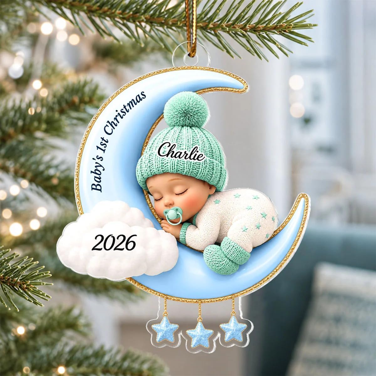 Custom Sleeping Baby On Moon Acrylic Ornament - First Christmas Keepsake