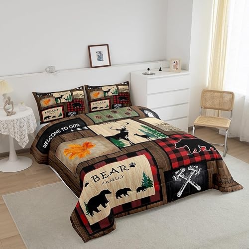 Miniatura 6 de Manfei Juego de edredón rústico tamaño Queen, juego de edredón con estampado de ciervos y osos salvajes con 2 fundas de almohada, estilo granja,