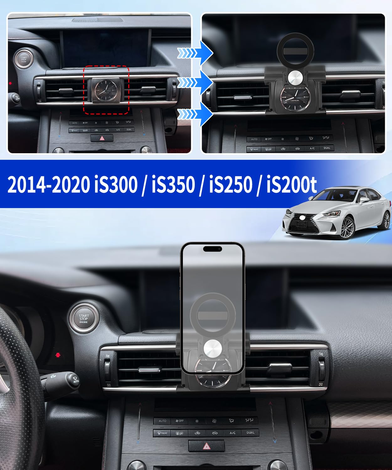 Supporto per telefono da auto per Lexus is300/350/250/200t 2014-2020, compatibile con MagSafe, rotazione a 360°, mani libere, non influisce sulla bocchetta dell'aria
