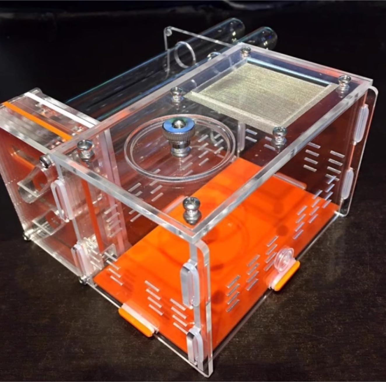 Formicario para Hormigas, Hormiguero con Zona De Alimentación Y 12 Tubos Ensayo, Vidrio Acrílico, Naranja, 15 cm