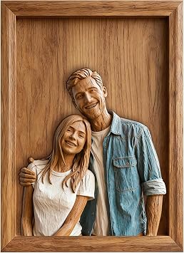 Custom Photo Wood Carving Style Desk Decor for Couple His Her Wife Husband Family Personalized Couple Photo 2D Flat Print Sign Plaque Couple Wooden Sculpture Effects Picture Frame for Valentine
