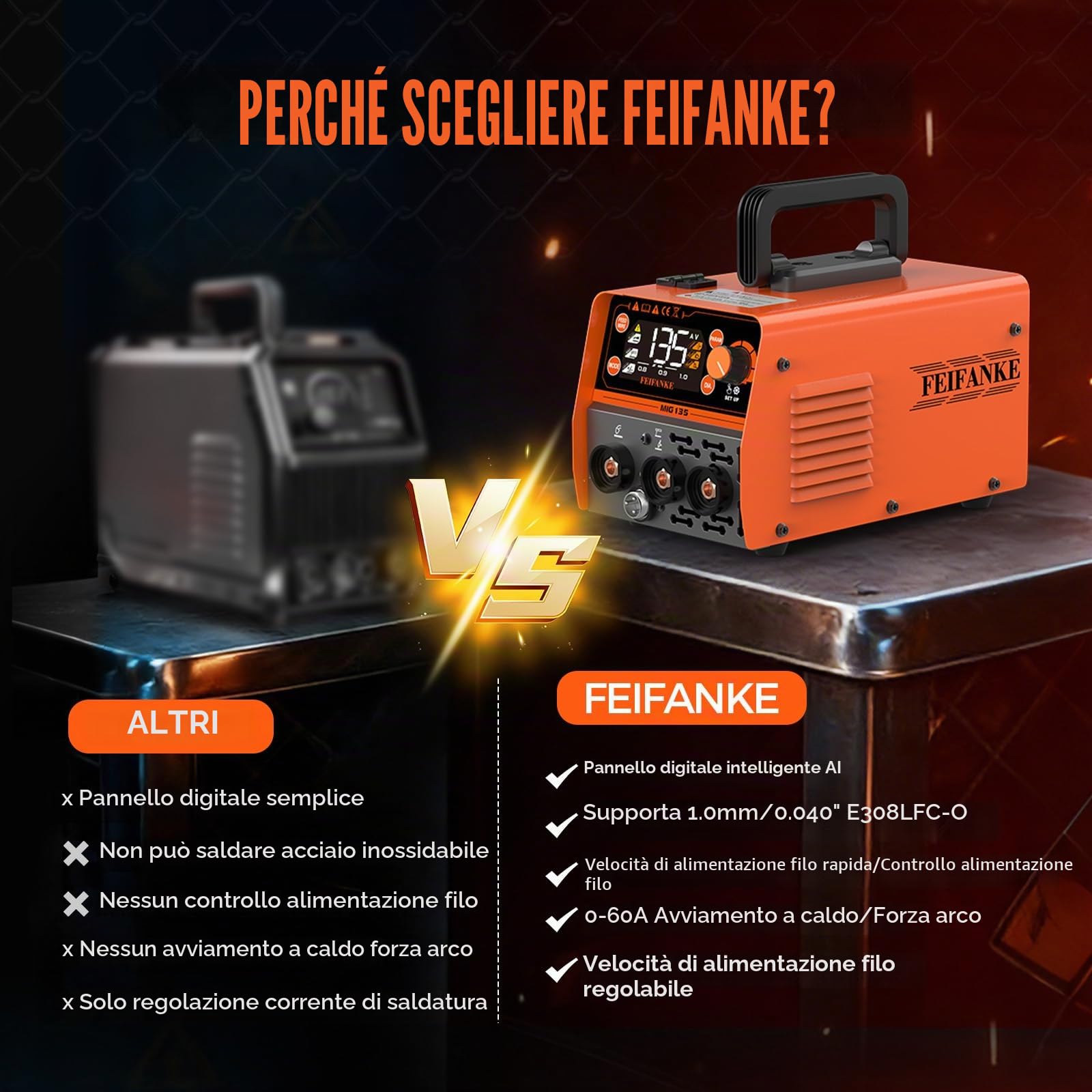 FEIFANKE MIG135 Saldatrice A Filo Continuo No Gas 135A 230V Saldatrice Inverter IGBT Mini Synergistic 3 In 1 TIG Elettrodo Saldatrice A Filo Avanzamento Rapido Del Filo Compatibile con Filo E308LFC-O