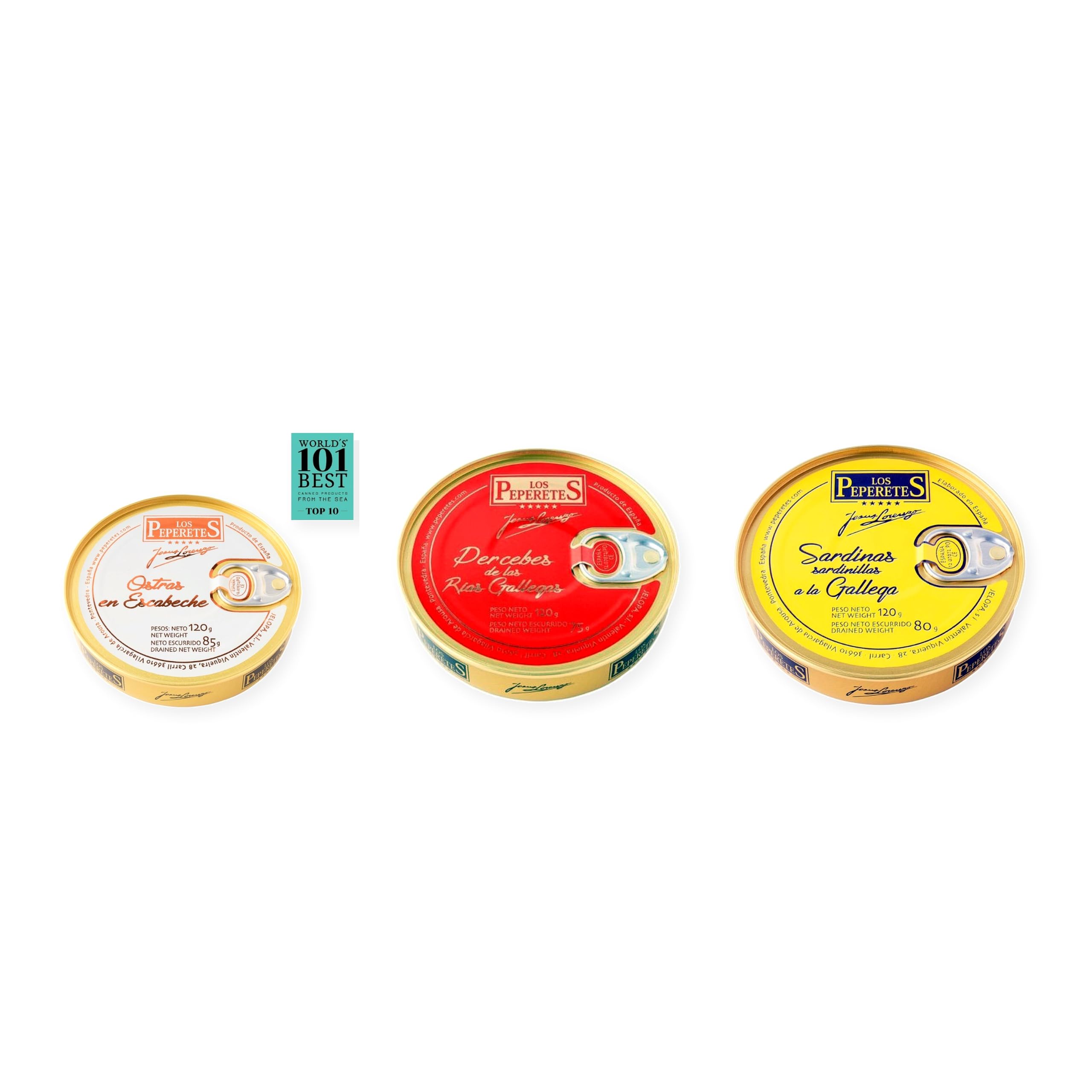 los peperetes conservas Ostras Escabeche, Percebes Rías Gallegas y Sardinillas Gallega pack 3 latas