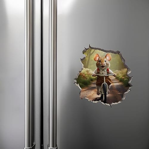 Miniatura 7 de Bike Ride in The Park Boy Mouse in the Mouse Hole Calcomanía de pared 3D con agujero de ratón