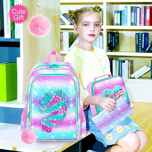 Vista 9 de CCJPX Mochila de unicornio de 3 piezas para niñas, 16 pulgadas, resistente al agua, primaria, preescolar, jardín de infantes, escolar con lonchera