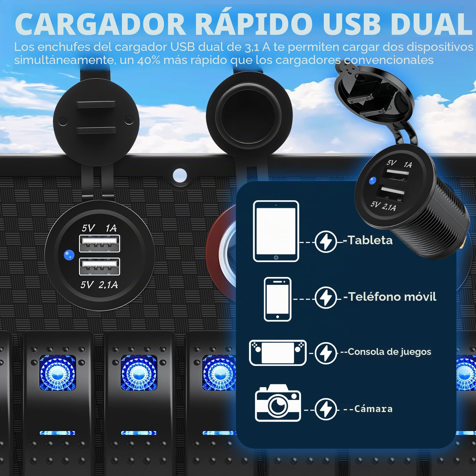 Geloo Panel de Interruptores Basculantes de 8 Pandillas, 4 en 1 Multifunción Impermeable Panel de Interruptores de Palanca para Coche, Barco, Camión, Caravana, Vehículos (Blue)
