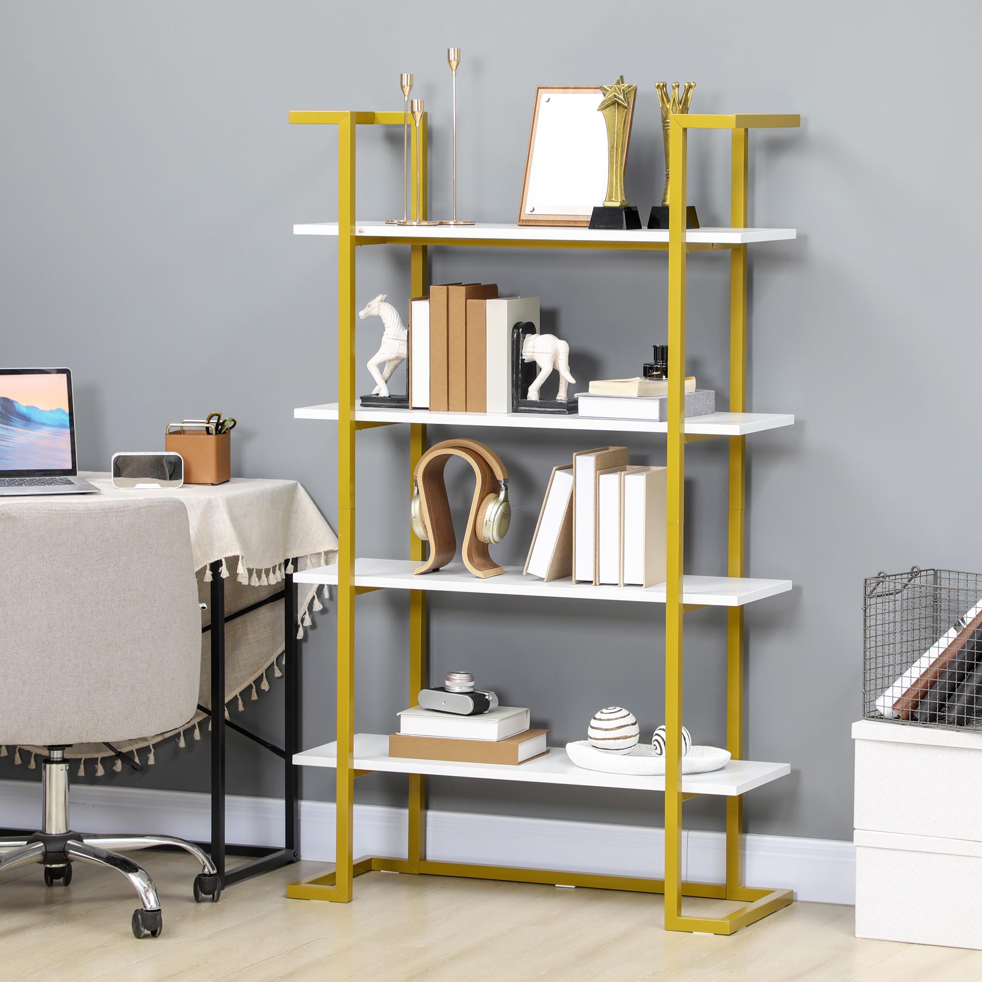 HOMCOM Mobile Libreria a 4 Livelli Rialzato 92x35x152cm Bianco e Oro