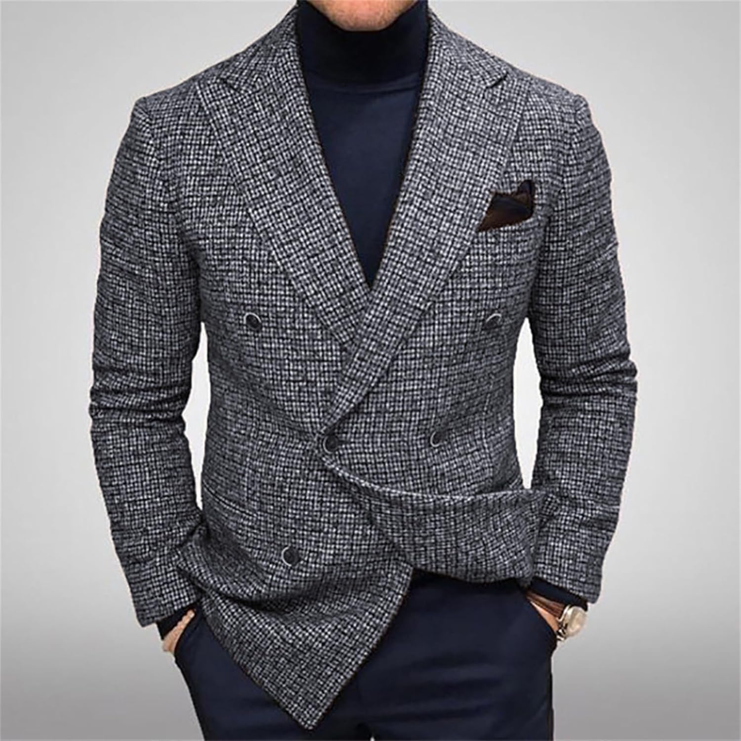 Mens Classic Fit Plaid Casual Blazer Jacket, Two Button Suits Coat, Notched Lapel, Wool Blend Tweed Sport Coat