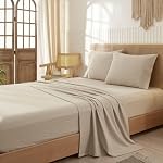 LIFETOWN 100% Washed Cotton 4 Pieces Sheet Set Linen Feel Natural Wrinkle Breathable Lightweight (Queen, Linen)