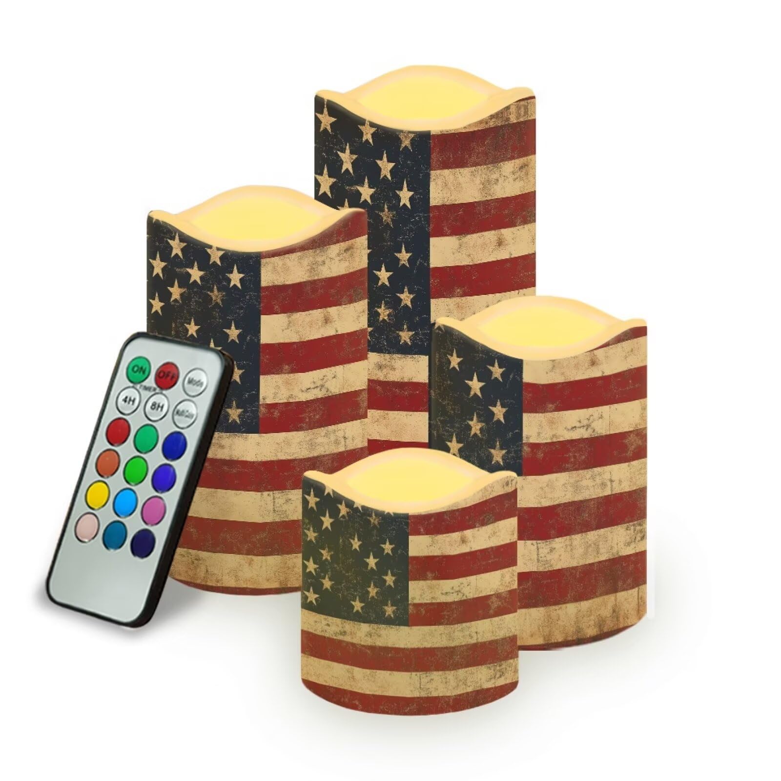 Retro American Flag Plastic Flameless Candles with Remote Control and Timer LED Flickering Battery Operated Color Changing Electric Pillar Candles Decoration