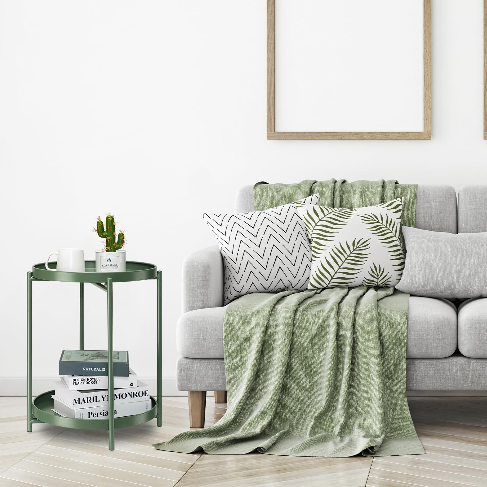 Mesa auxiliar de metal de 2 niveles con bandeja extraíble, mesa auxiliar plegable al aire libre, mesa auxiliar pequeña, mesa de noche verde antioxidante para dormitorio, balcón patio (verde oscuro) 9