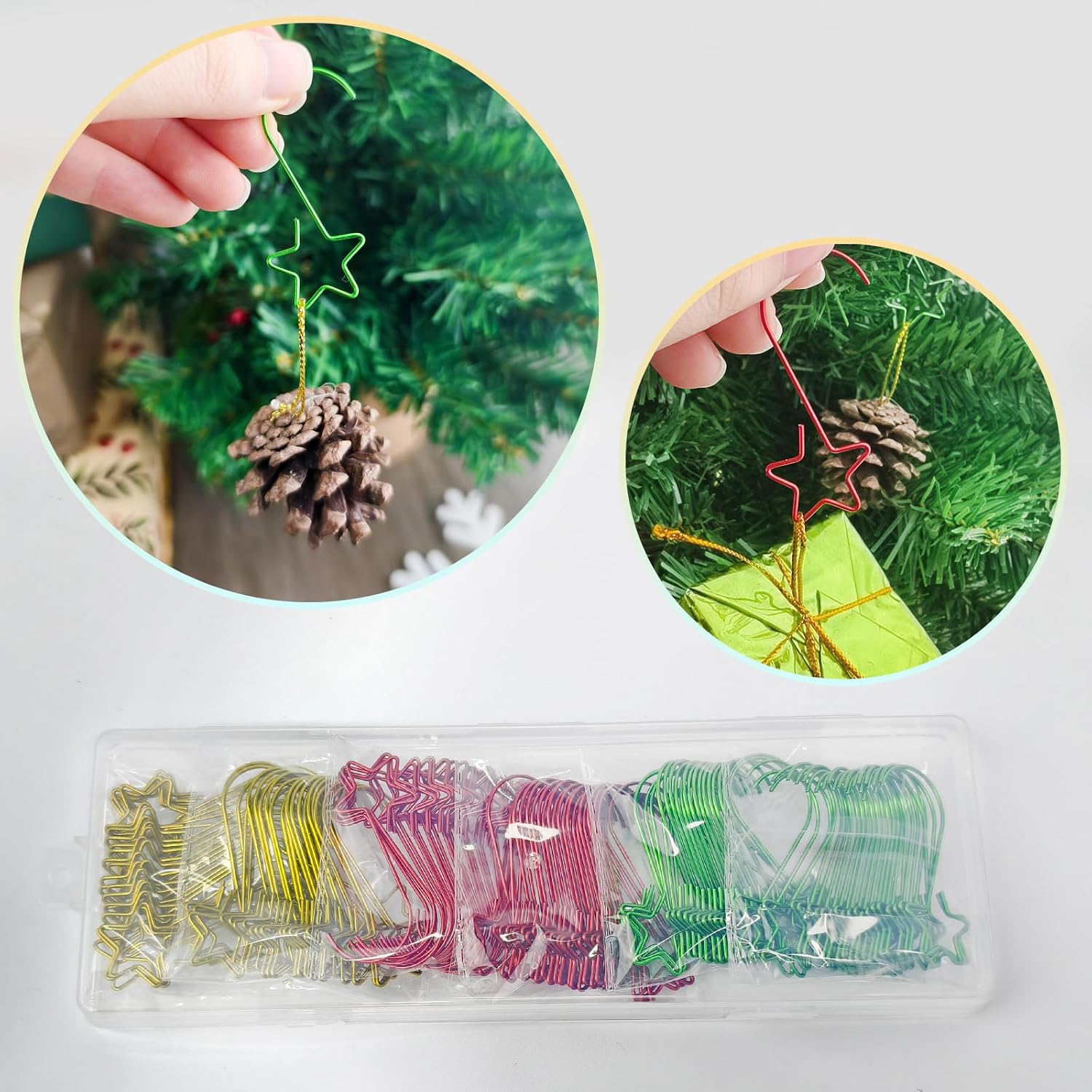 150 PCS Ornament Hooks Multicolor Christmas Ornament Hooks Christmas Tree Decoration S-Shaped Hangers Wire Hooks with Box Red Green Yellow (Star Shape)