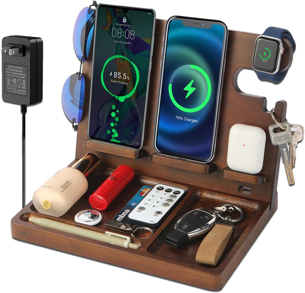 Wireless Charging Station,Wood Phone Docking Station for Men,Nightstand Organizer Charging Station with 4 Wireless Charger Fast Charging for iPhone/Samsung/Apple Watch/Earbuds,Gifts for Men