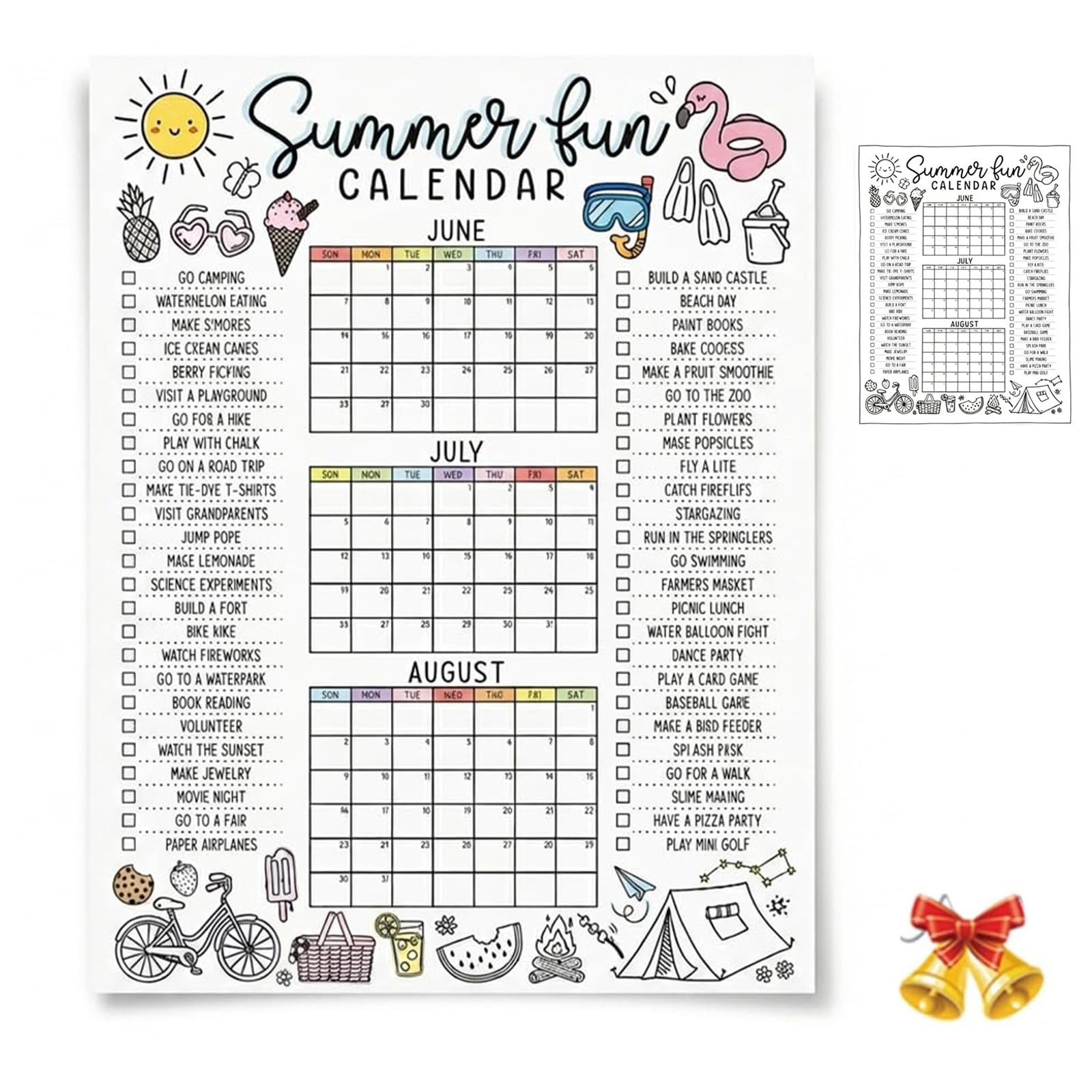 Summer Fun Bucket List Calendar Poster – DIY Giant Summer Activity Calendar Coloring Poster, Screen-Free Family Schedule Planner, Wall Decor for Party, Classroom & Family Bonding (24" * 36")