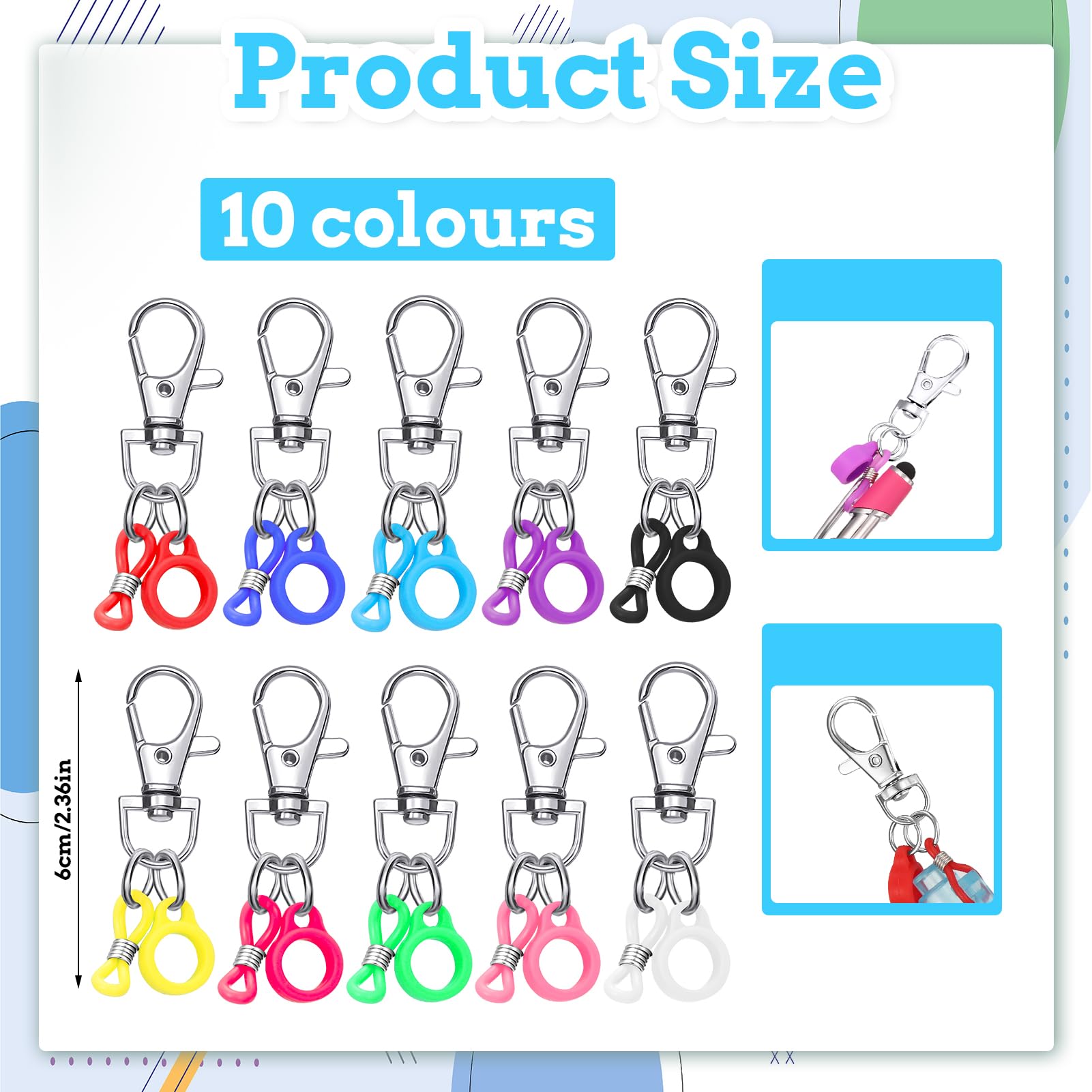 Candcamp 10 PCS Lanyard Pen Holders for Teachers,10 Colors Pen Clips with Anti-Lost Silicone Rubber Rings and Lobster Claw Clasp,Pen Holder for Lanyard Badge Reel Pen Converter - Image 2