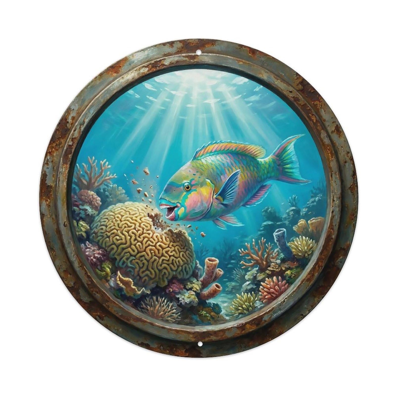 Vintage Porthole Parrotfish Feeding Ship Window Undersea Deep Sea 1 Metal Tin Sign
