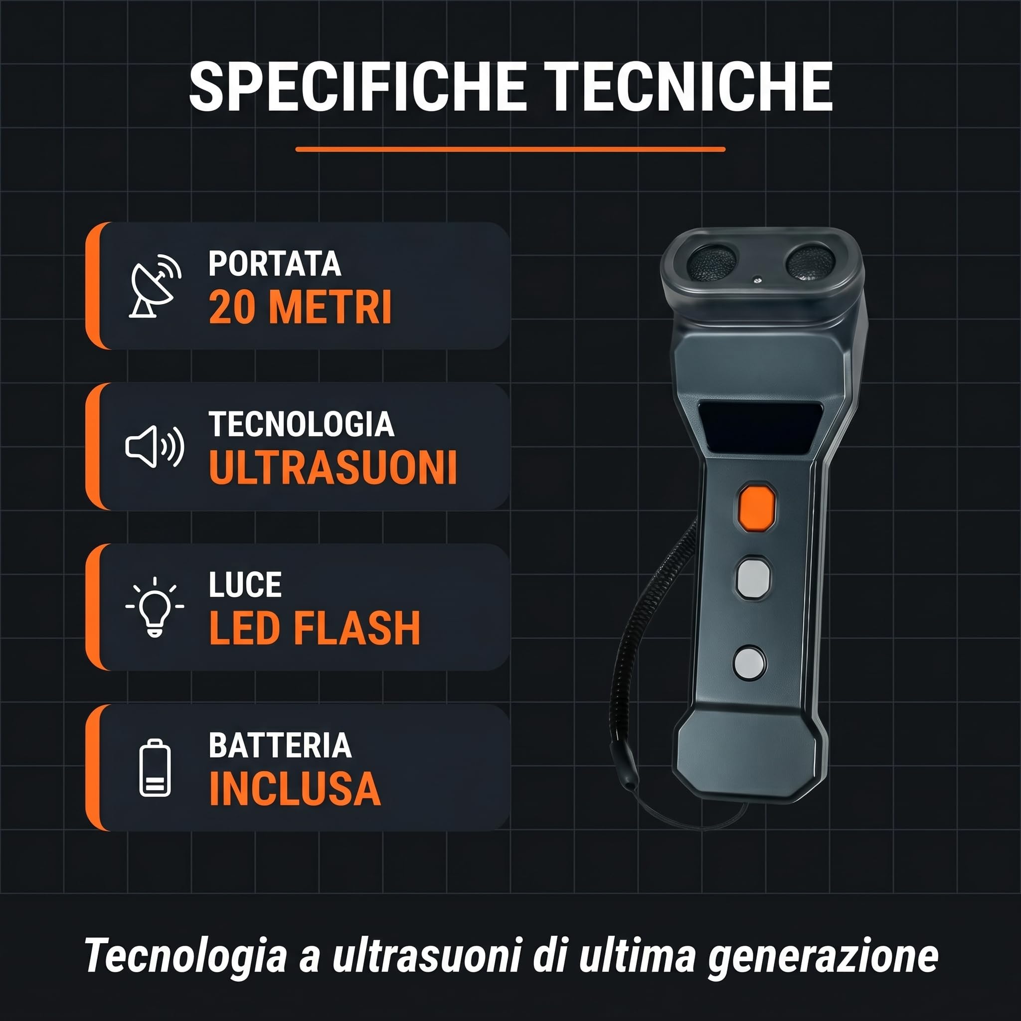 Power Dog Dissuasore Ultrasuoni per Cani Aggressivi con Luce LED Flash - Repellente Professionale Portata 20m per Addestramento e Sicurezza - Nero Antracite (Power Dog)