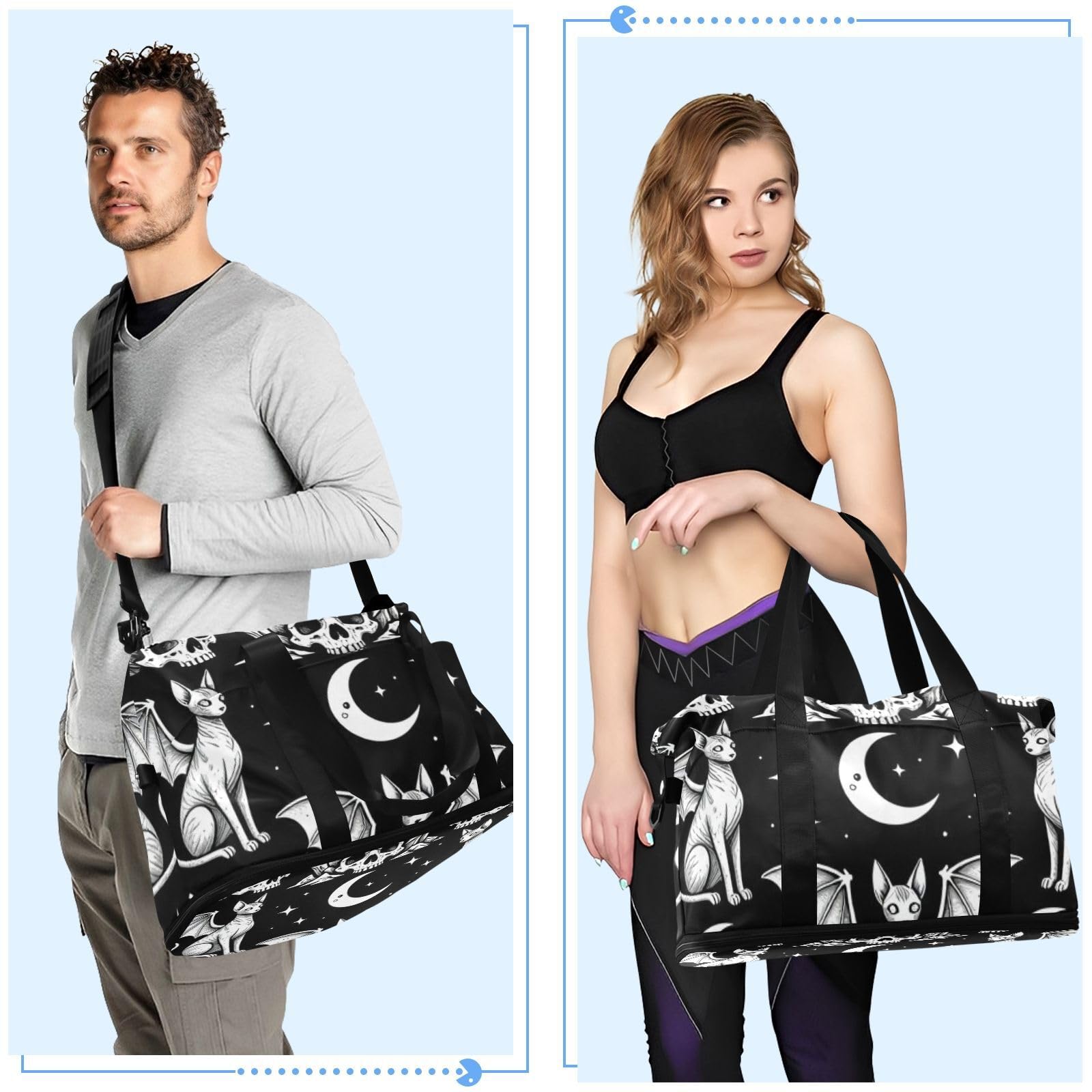 Gothic Black Moon Cat Bat Bolsa de viaje con bolsillo húmedo con correa ajustable para viajes de negocios, gran capacidad para hombres y mujeres
