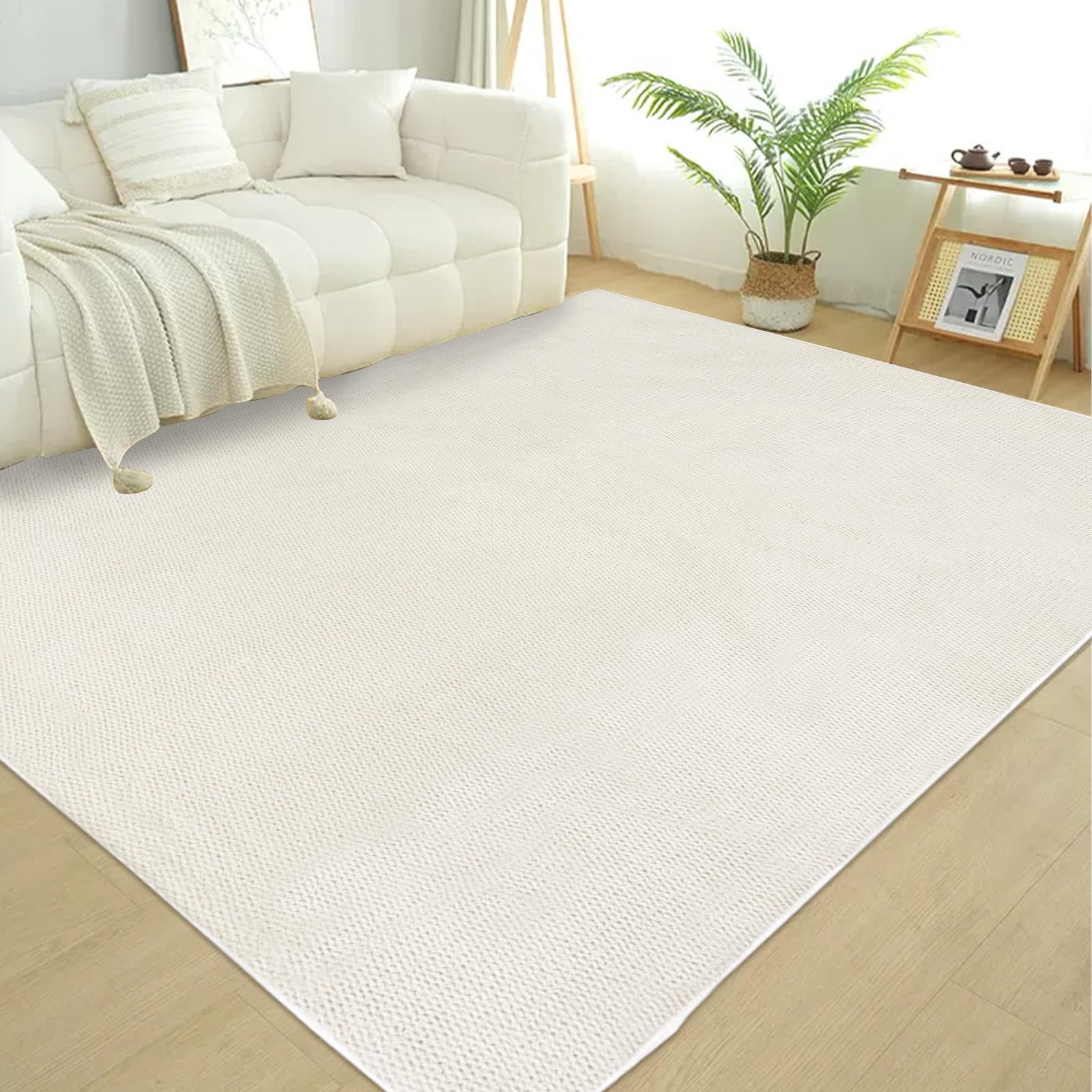 USTIDE 5'x7' Faux Jute Rug Cream White Natural Fiber Rug for Living Room Bedroom Non-Slip Rugs No Shed Faux Jute-Look Area Rugs Non-Skid Washable Area