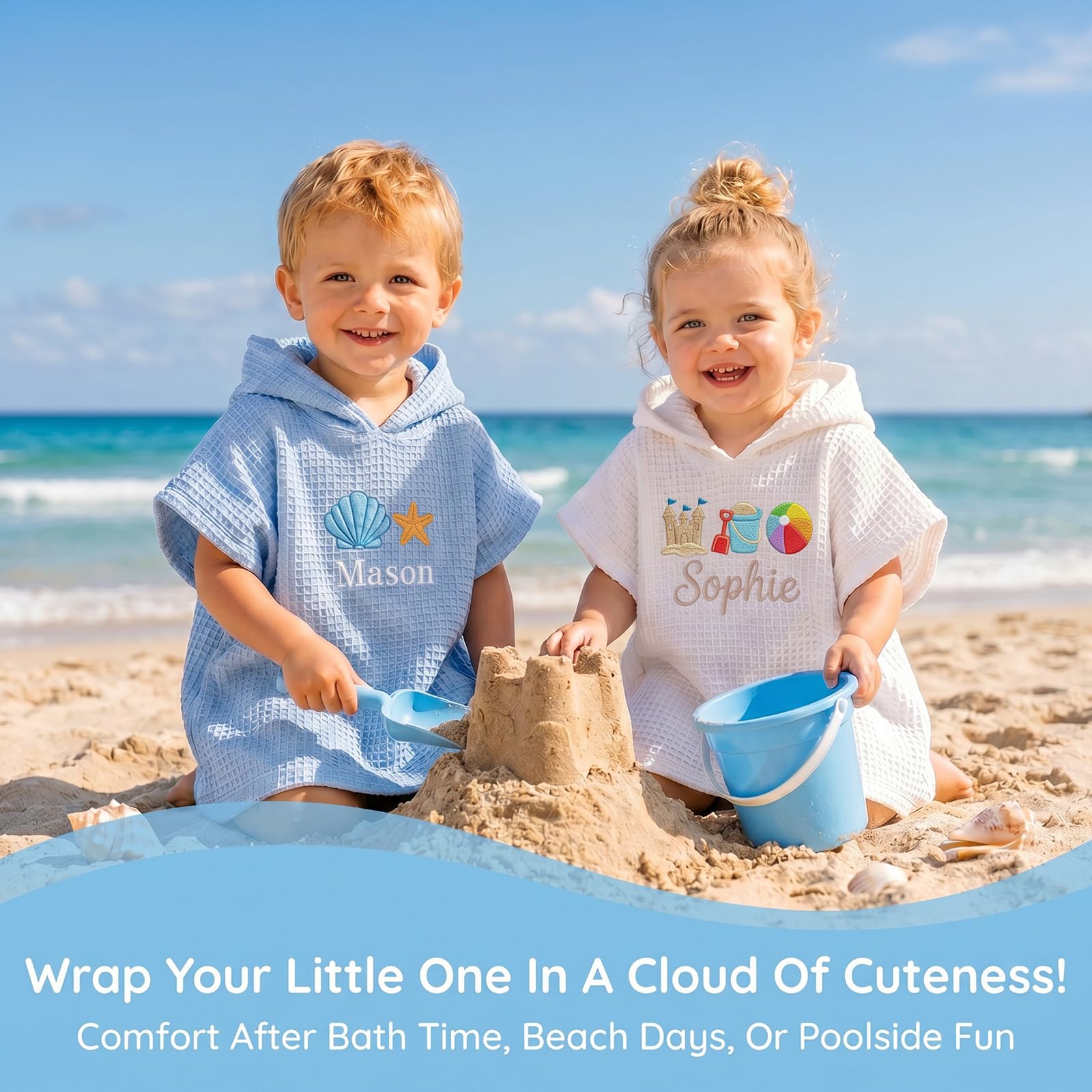 Personalisiertes Kapuzen-Strandtuch für Kinder, mit Motiv & Namen, trocknet schnell, sandfrei, 100% Baumwollwaffel, für Strand/Pool/Bad, Babyparty/Geburtstag, Sommergeschenk für Jungs & Mädchen