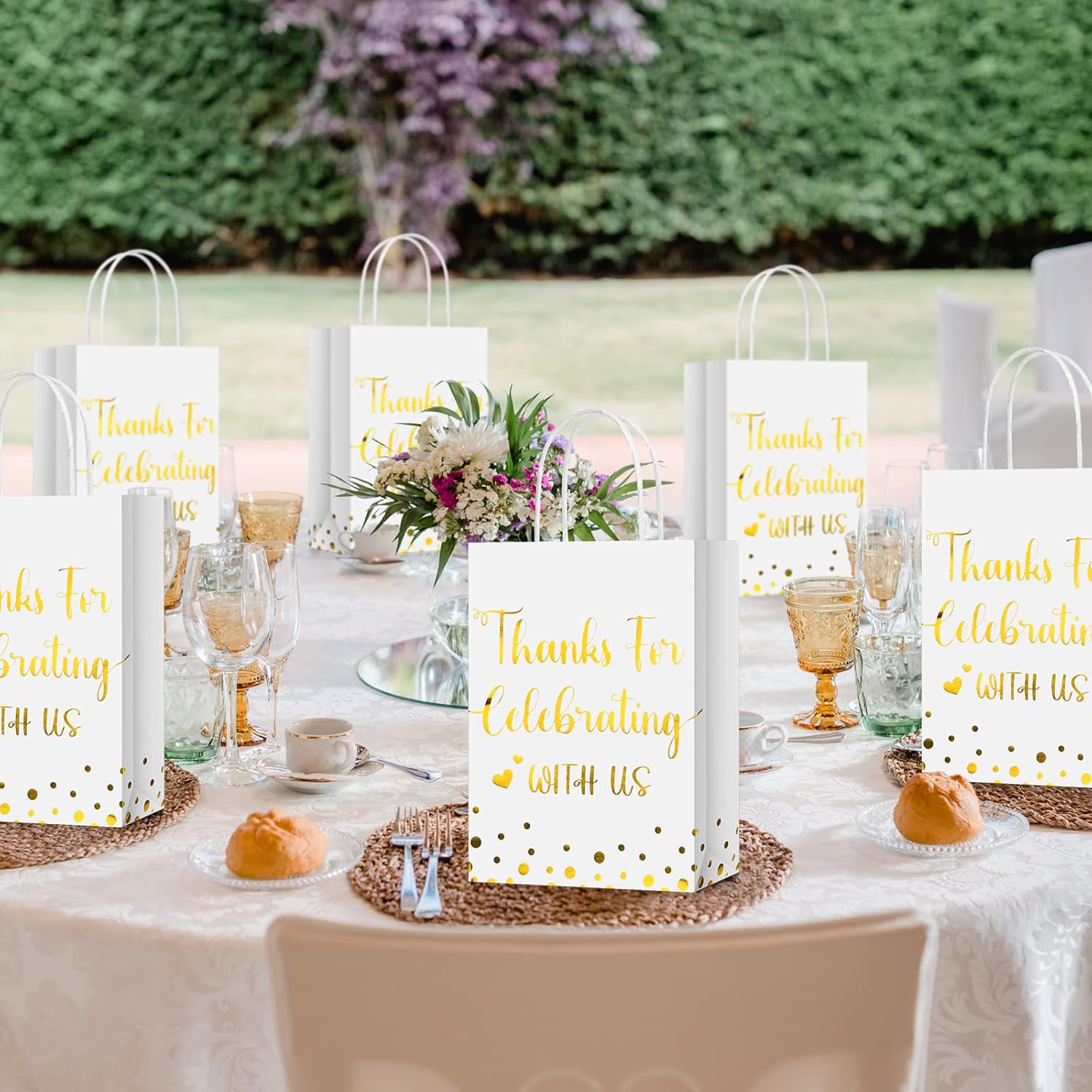 Ctosree 50 Pcs Wedding Gift Bag Thanks for Celebrating with Us Paper Bags Wedding Gift Bags with Handle for Hotel Guests Gift Bag for Bridal Shower Party Favors(White, Gold) - Image 4