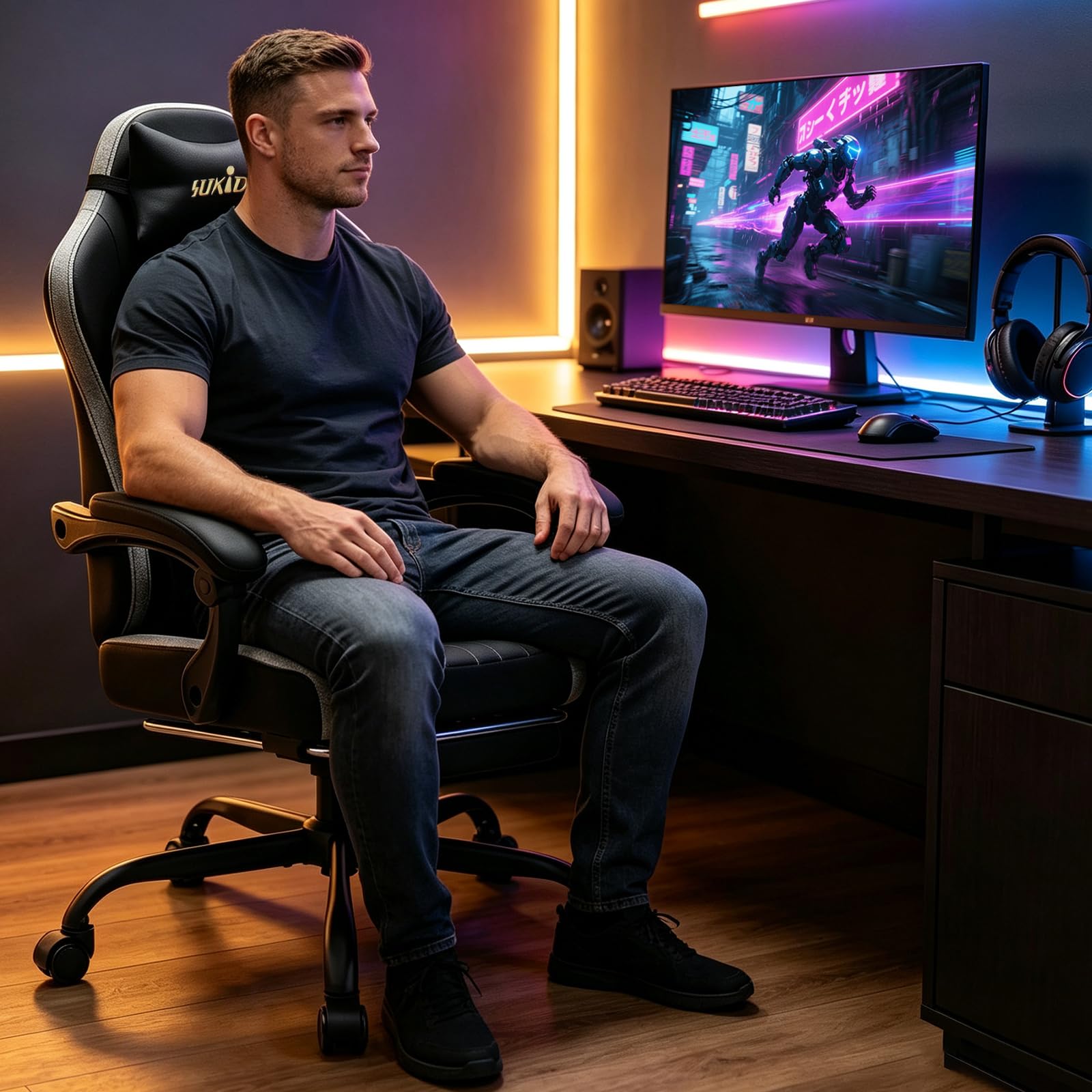 Gaming Stuhl Ergonomischer Elastischer Stretchstoff, Gaming Chair mit Fußstütze Kopfstütze Lendenkissen, Höhenverstellbarer Schreibtischstuhl Neigbar, Bürostuhl für Gaming und Homeoffice,Schwarz
