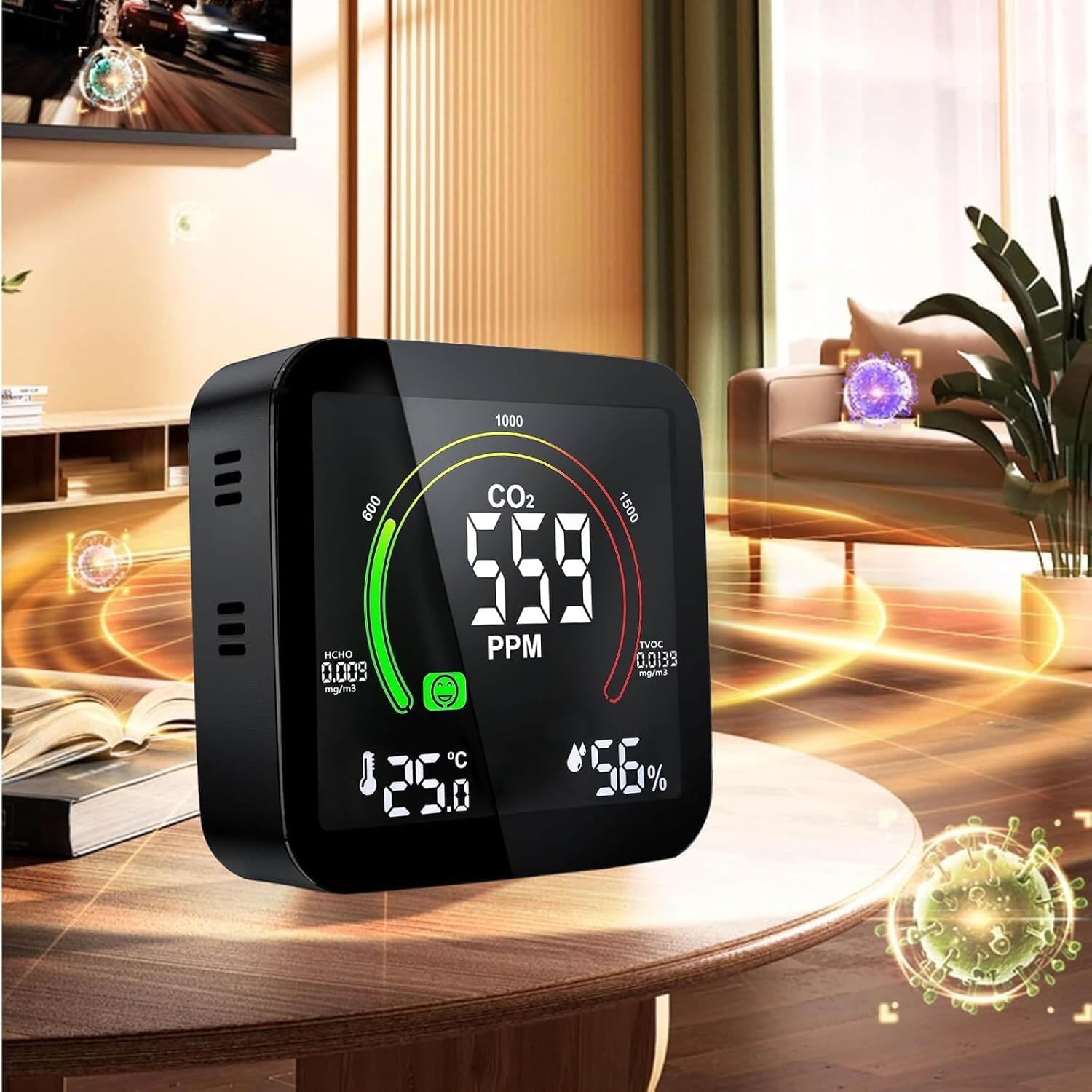 Medidor CO2 Detector CO2 Gas, 5 en 1 Detector de CO2 con Pantalla LED Medidor de Humedad y Temperatura TVOC HCHO Dormitorio Oficina Coche Multi