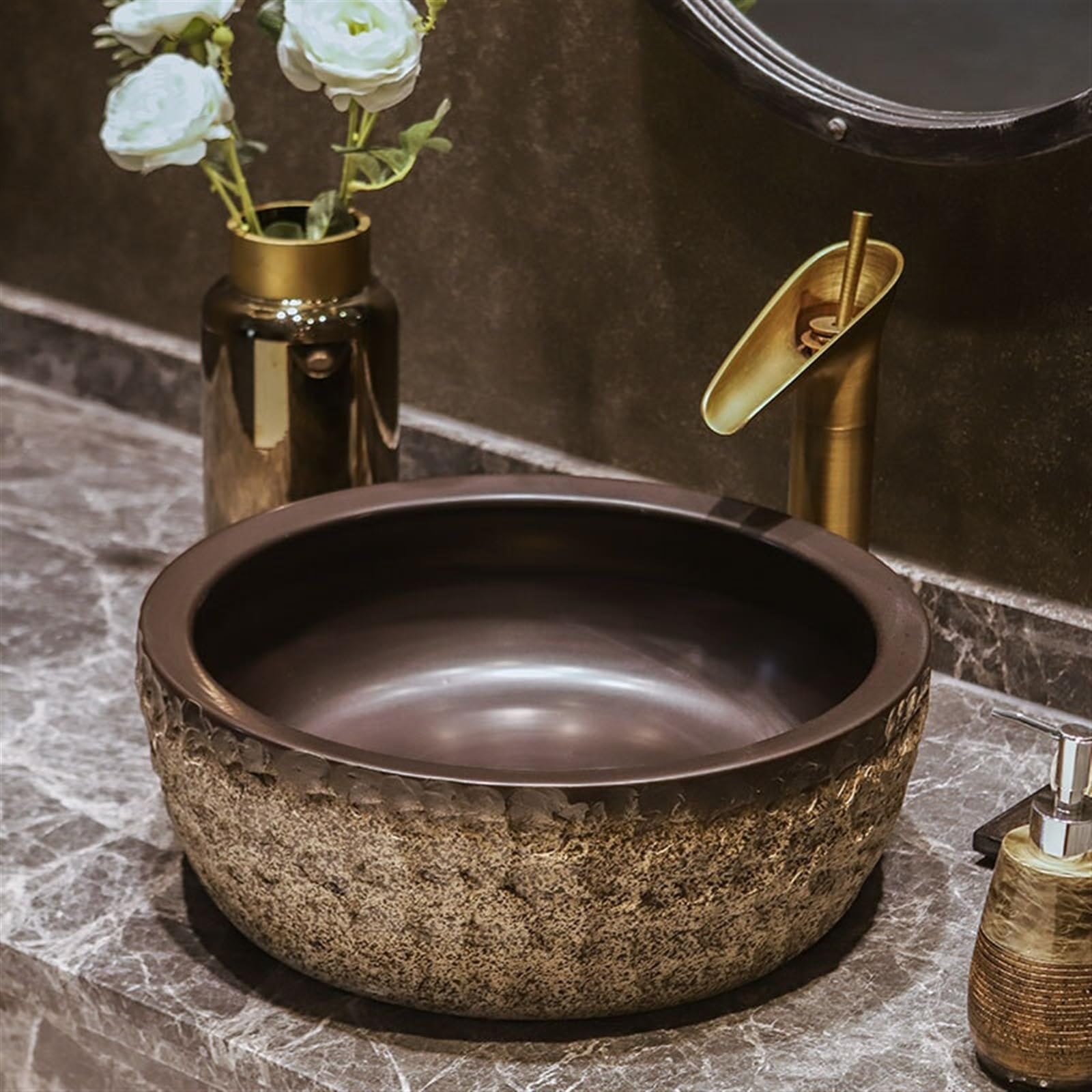 Antikes, rundes Keramik-Handwaschbecken mit Steinmuster – Tiefes Waschbecken mit Zubehör für Gäste-WC und Balkon Design.