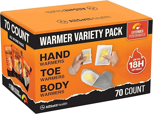 Hand Warmers Variety Set - 70 Count Ultimate Value Pack – 10 XL Body Warmers, 10 Pairs Hand Warmers, 20 Pairs Toe Warmers with Adhesive – Air Activated Heat Packs for Cold Weather and Outdoors