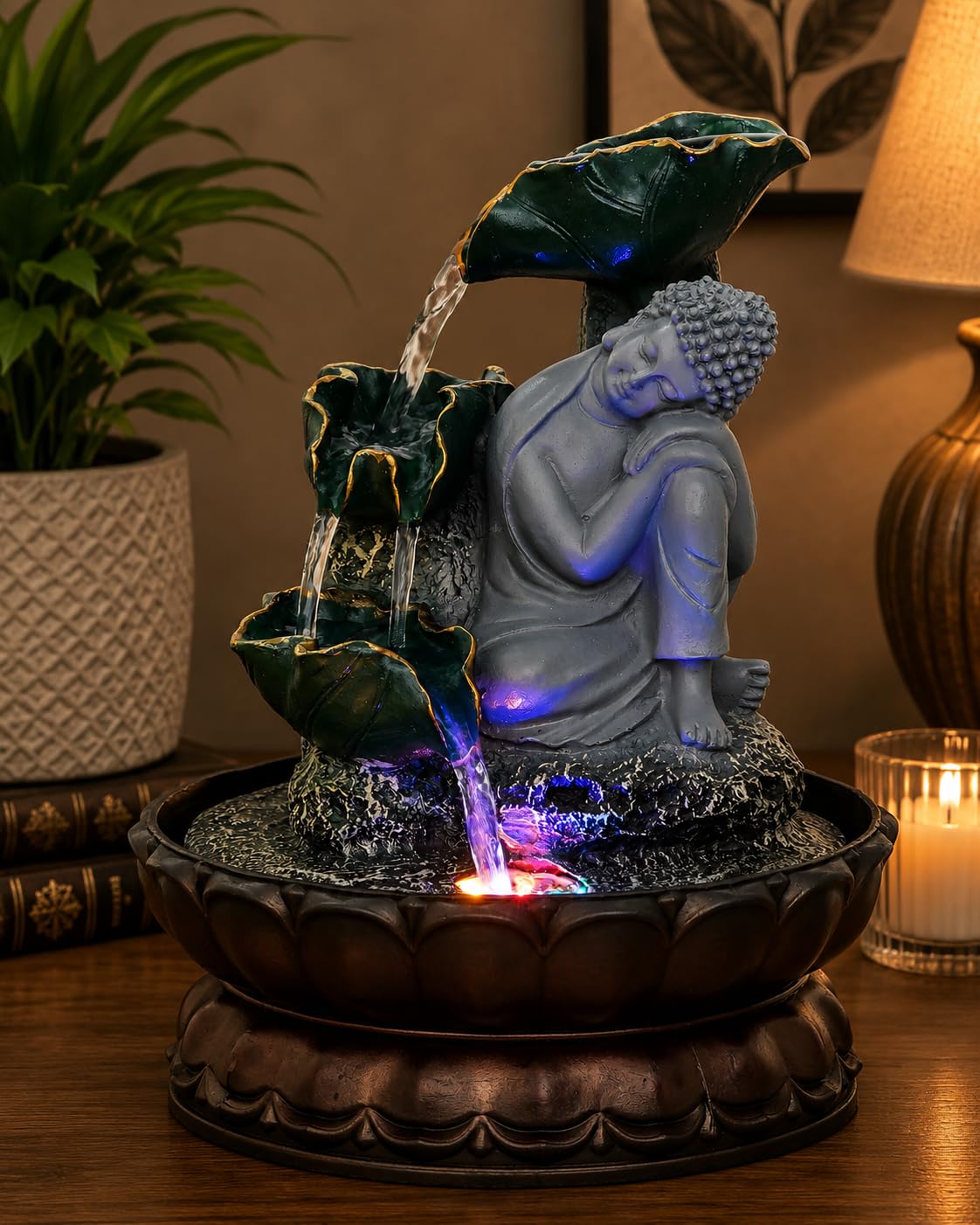 CHRONIKLE Green Polyresin Table Top Relaxing Buddha 3 Step Indoor Waterfall Fountain for Home Decor with LED, Speed ​​Control Pump (Size: 17.7 x 17.7 x 25.5 CM | Weight: 800 Gram)-image-8