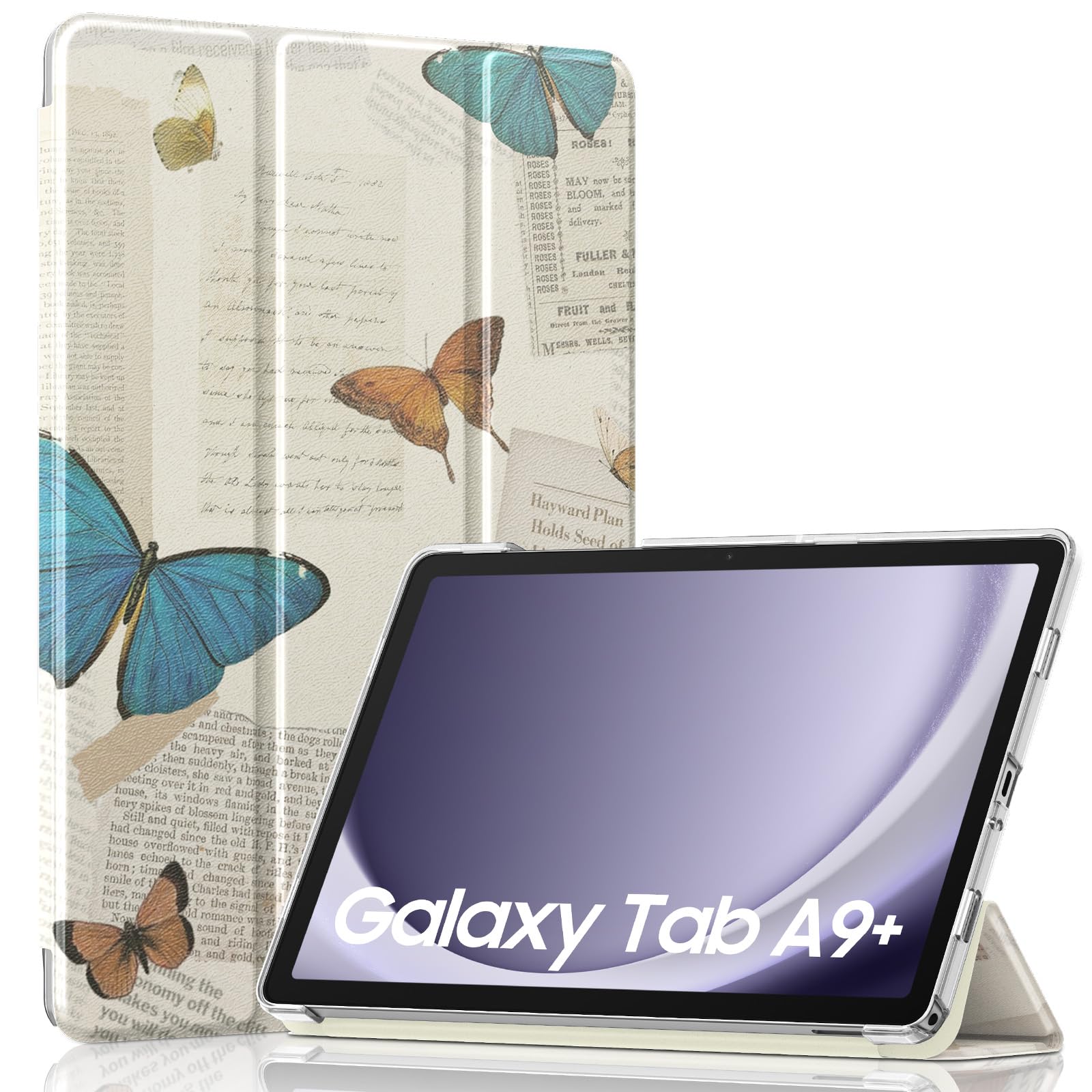 MoKo Trifold Case for Galaxy Tab A9 Plus/A9+ 11 Inch 2023, Butterfly | Slim Stand Hard PC Translucent Back Shell Smart Cover, Auto Sleep/Wake, Light, Anti-scratch, 2 Adjustable Angle