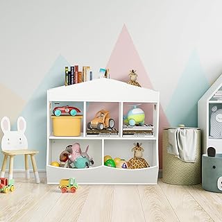 lukar 9-Cubby Kids Bookshelf and Toy Organizer, Toy Storage Organizer with Bookcase, White Toy Storage Cabinet, Wood Toy Storage Cubby for Playroom Bedroom Nursery