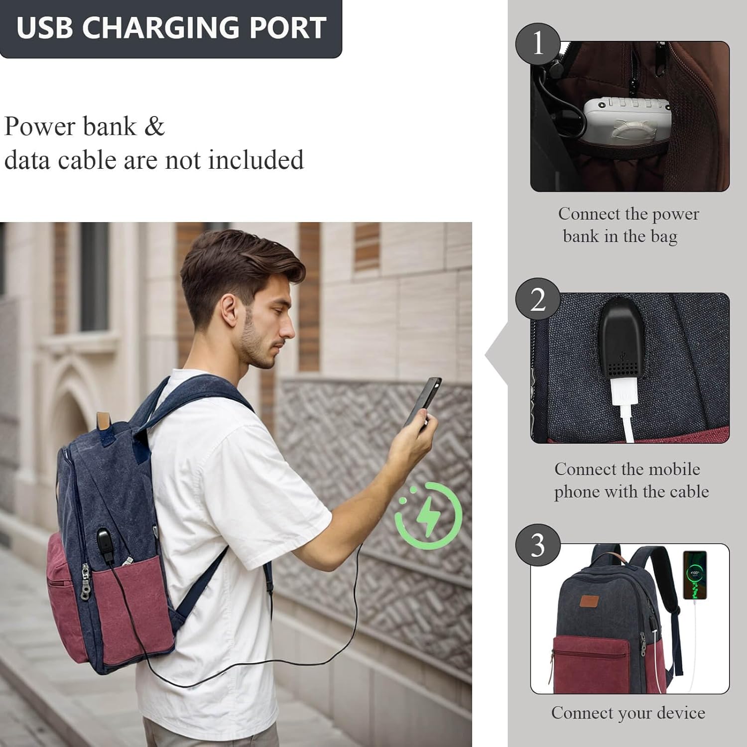 Waterproof Canvas Backpack, Laptop Backpack with USB Charging Port, Vintage Backpack for College Students, Casual Daypack for Men & Women, Travel Work Backpack Fits 15.6 Inch Laptop, Dark Blue-Red