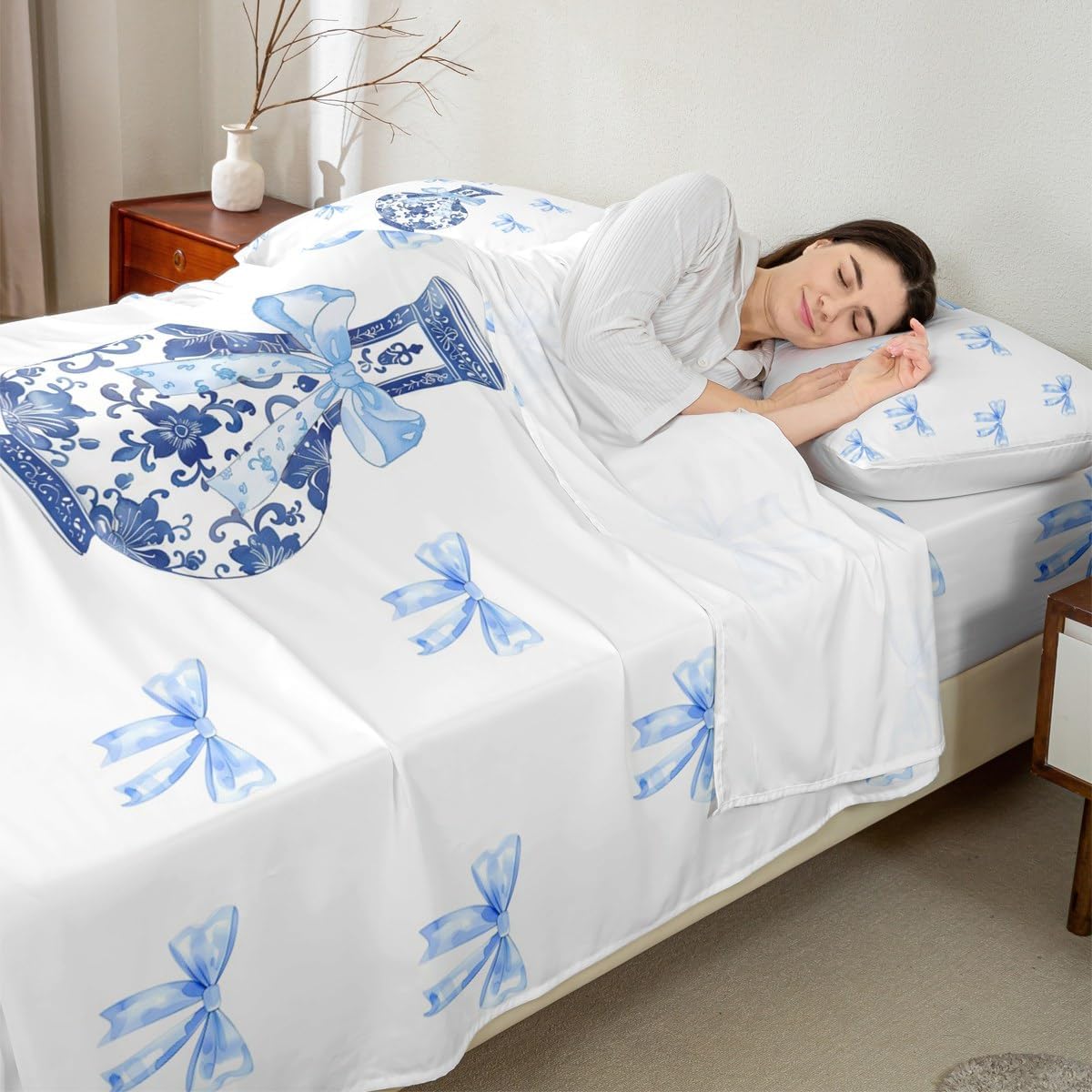 jejeloiu Bow Bed Sheets Set Blue Bowknot Print 4 Pieces Sheet with 16" Deep Pockets for Kids Boys Girls TeensRetro Floral Bedding Queen Size Vintage Flowers TealBlue