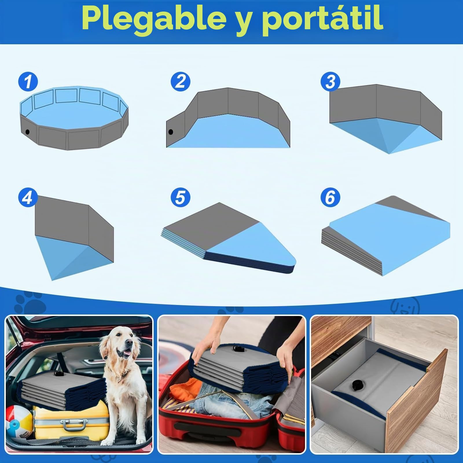 Piscina extragrande para perros de 160 cm, piscina plegable resistente para perros grandes, piscina antideslizante para mascotas con válvula de drenaje y 2 juguetes para masticar, piscina plegable