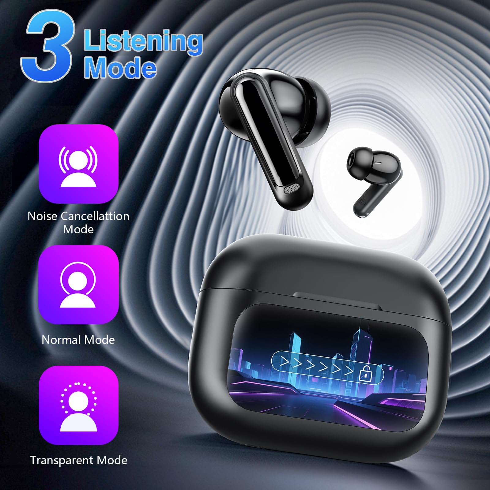 Touchscreen Bluetooth Kopfhörer, 2026 In Ear Kopfhörer Kabellos Bluetooth 5.4 mit ANC+ENC Noise Cancelling Mic, 48Std Spielzeit Tiefer Bass Earbud mit 5 EQ-Modi, IP7 Wasserdicht Ohrhörer Tiefschwarz