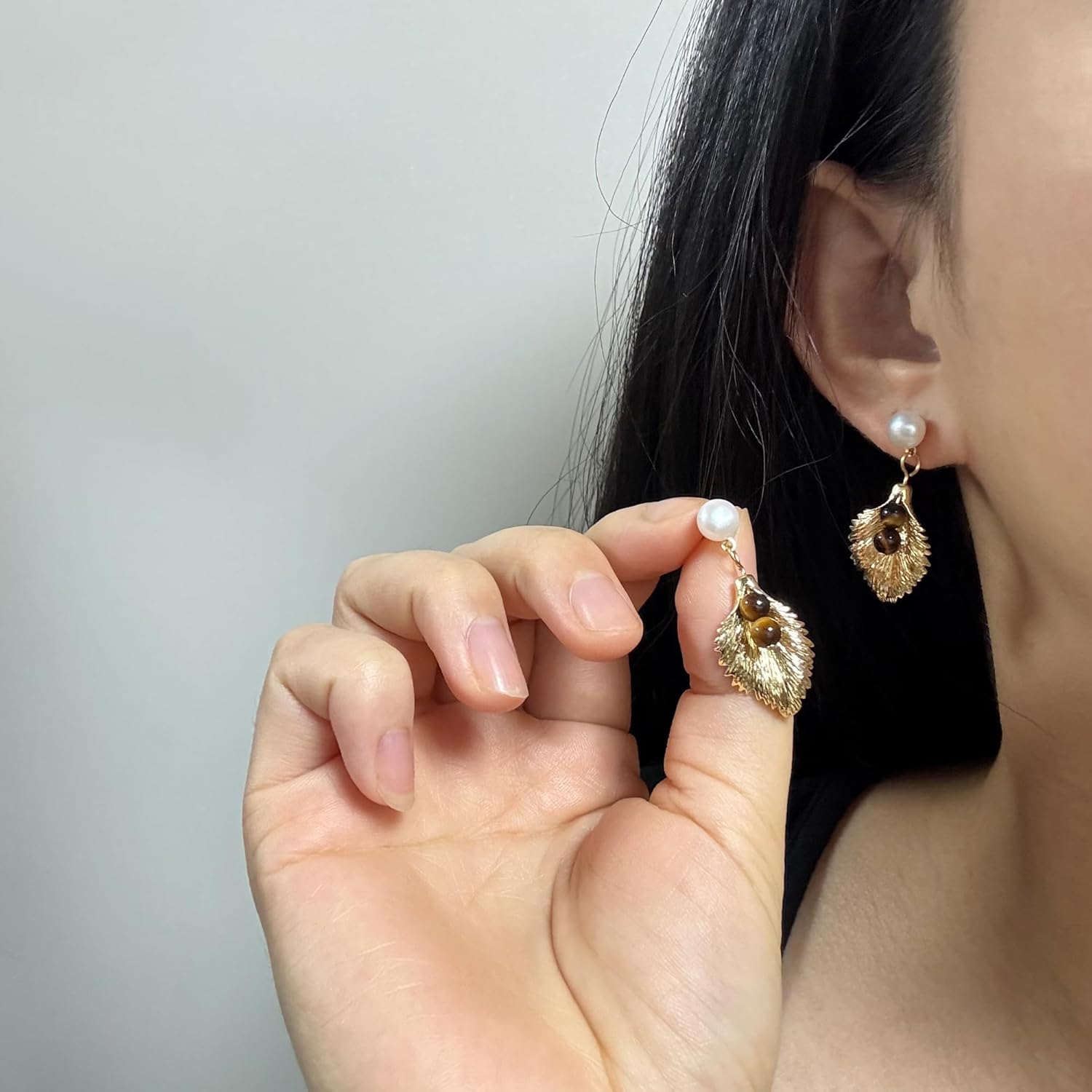 Handmade Freshwater Cultured Pearl Bohemian Leaf Dangling Earrings for Women, 14K Gold Plated - Image 4