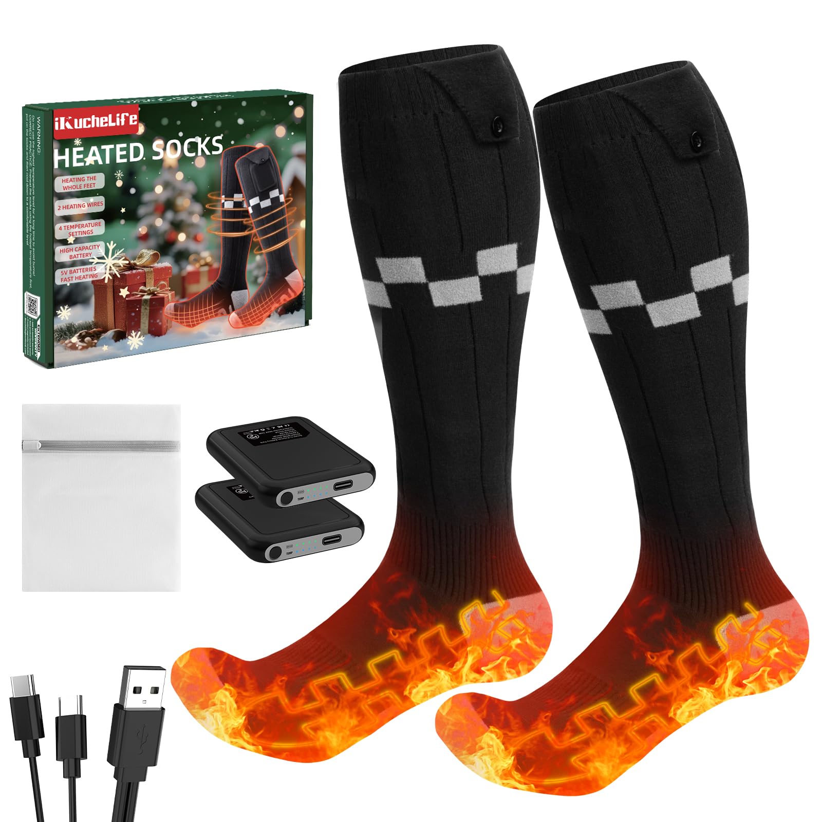 iKuchelife Heated Socks, 【Upgraded 15000mAh Battery】(7500mAh×2) Rechargeable Electric Heated Socks Up to 14 Hours, Washable Winter Skiing Socks for Men Women, Outdoor Work Winter Gift