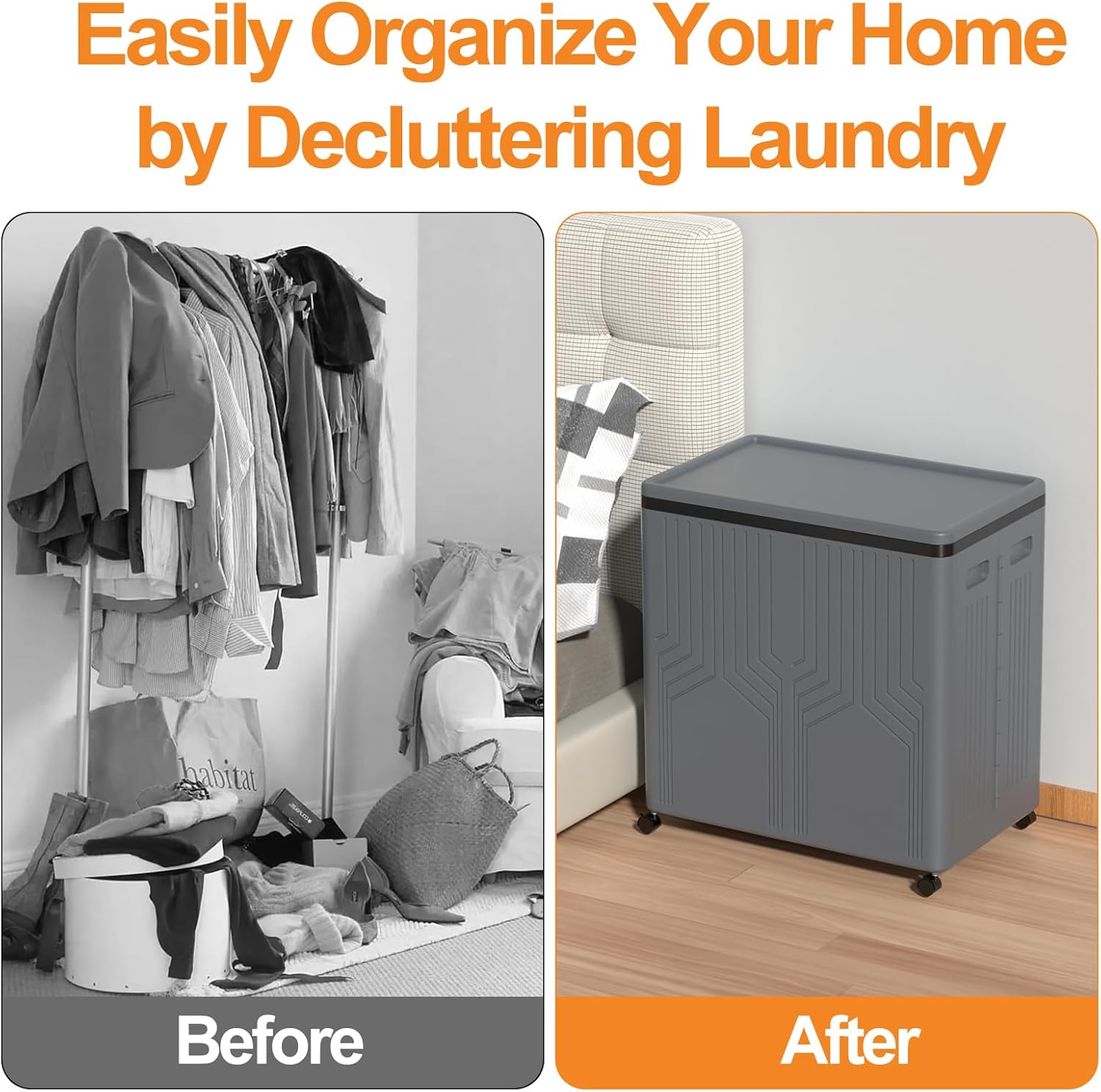 Kiddream 120 L Large Plastic Laundry Hamper with 2 Sections, Collapsible Laundry Hamper with Lid and Wheels, Grey